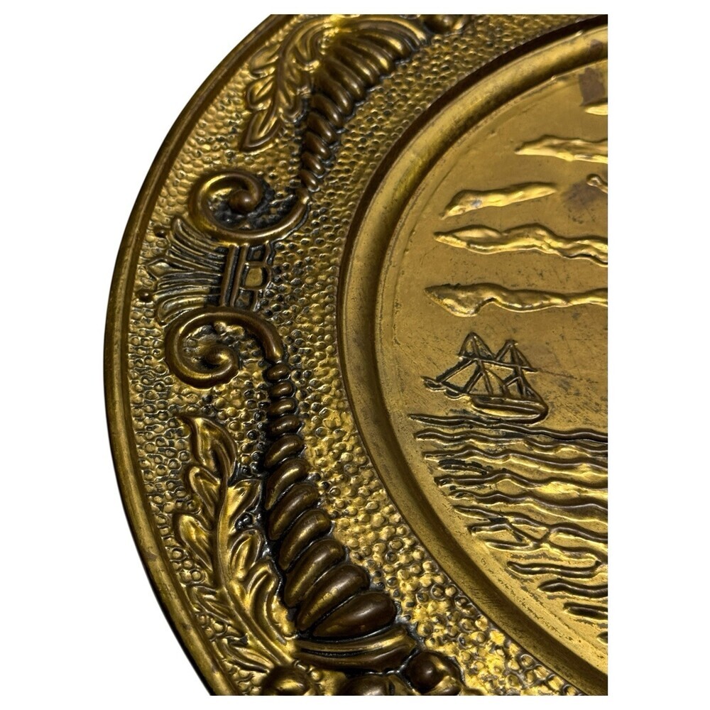 Brass Charger Plate Baroque Border Sailing Ship Nautical Hammered Embossed 14" - Picture 3 of 6